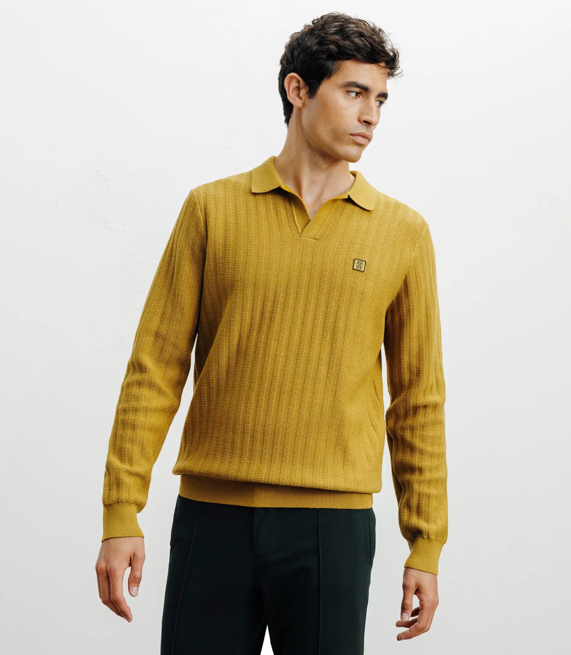Pull col polo ouvert jeux de points jaune - IZAC