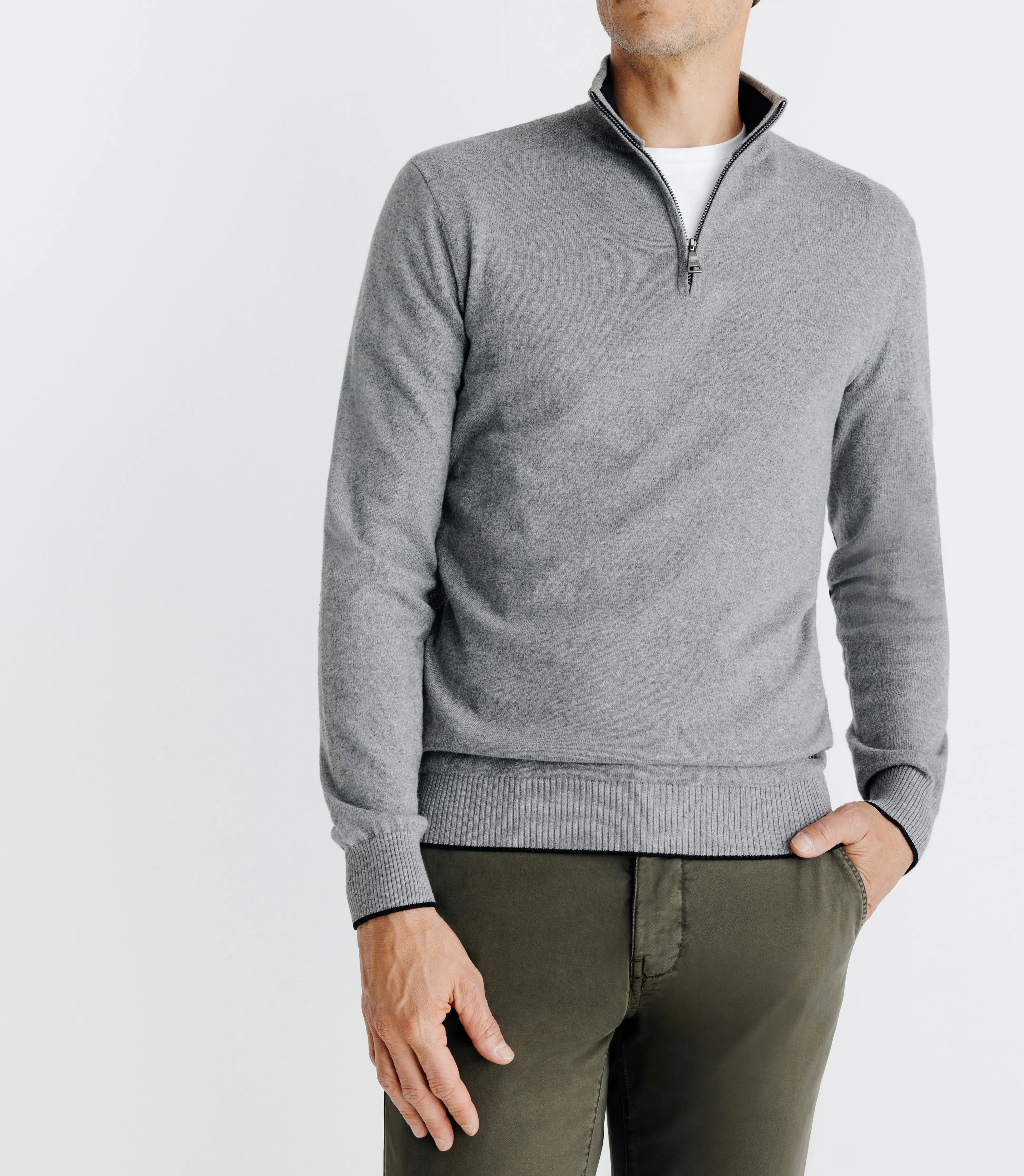 Pull coton/cachemire col zippé gris - IZAC