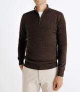 Pull coton/cachemire col zippé chocolat - IZAC