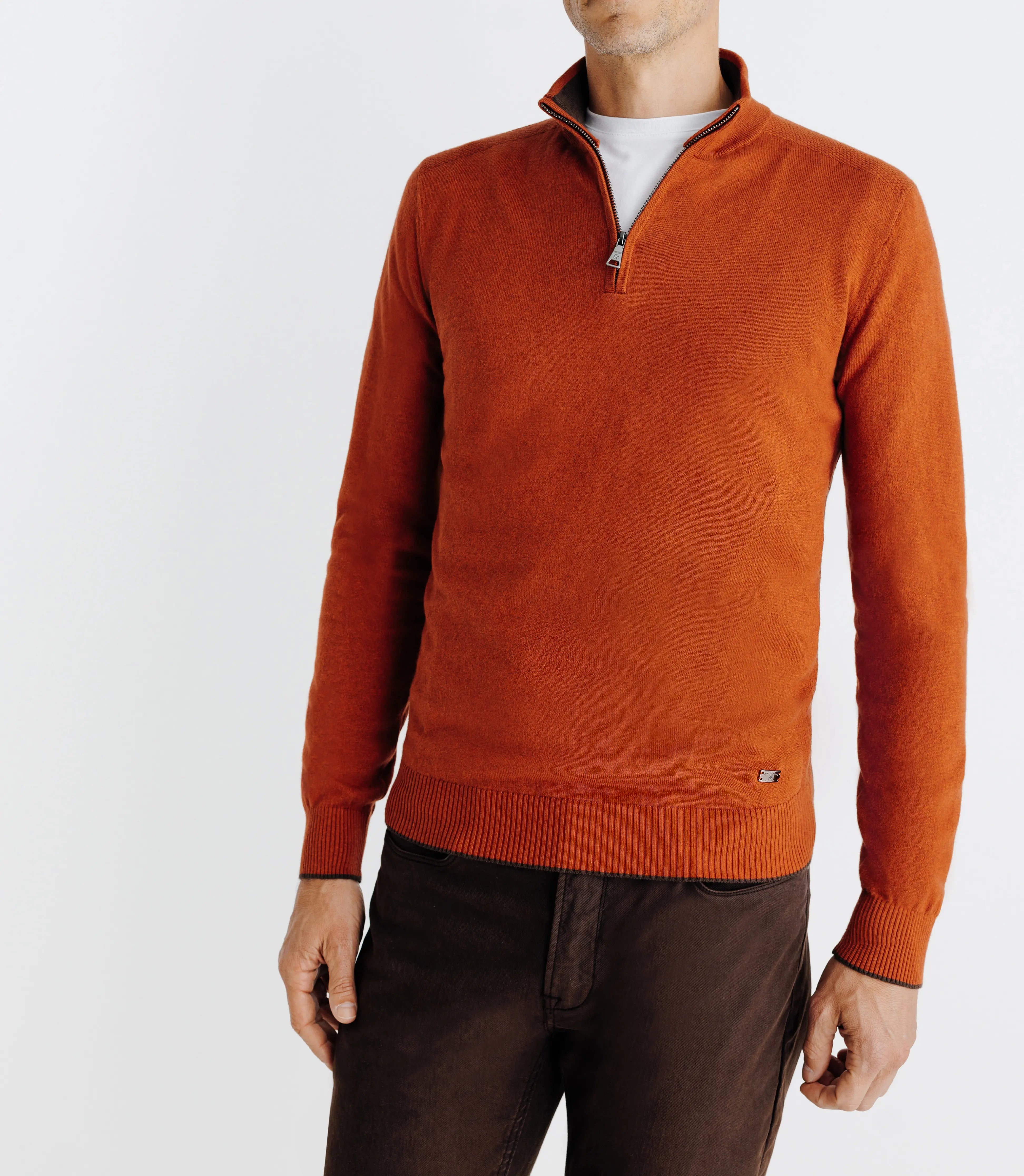 Pull coton/cachemire col zippé brique - IZAC