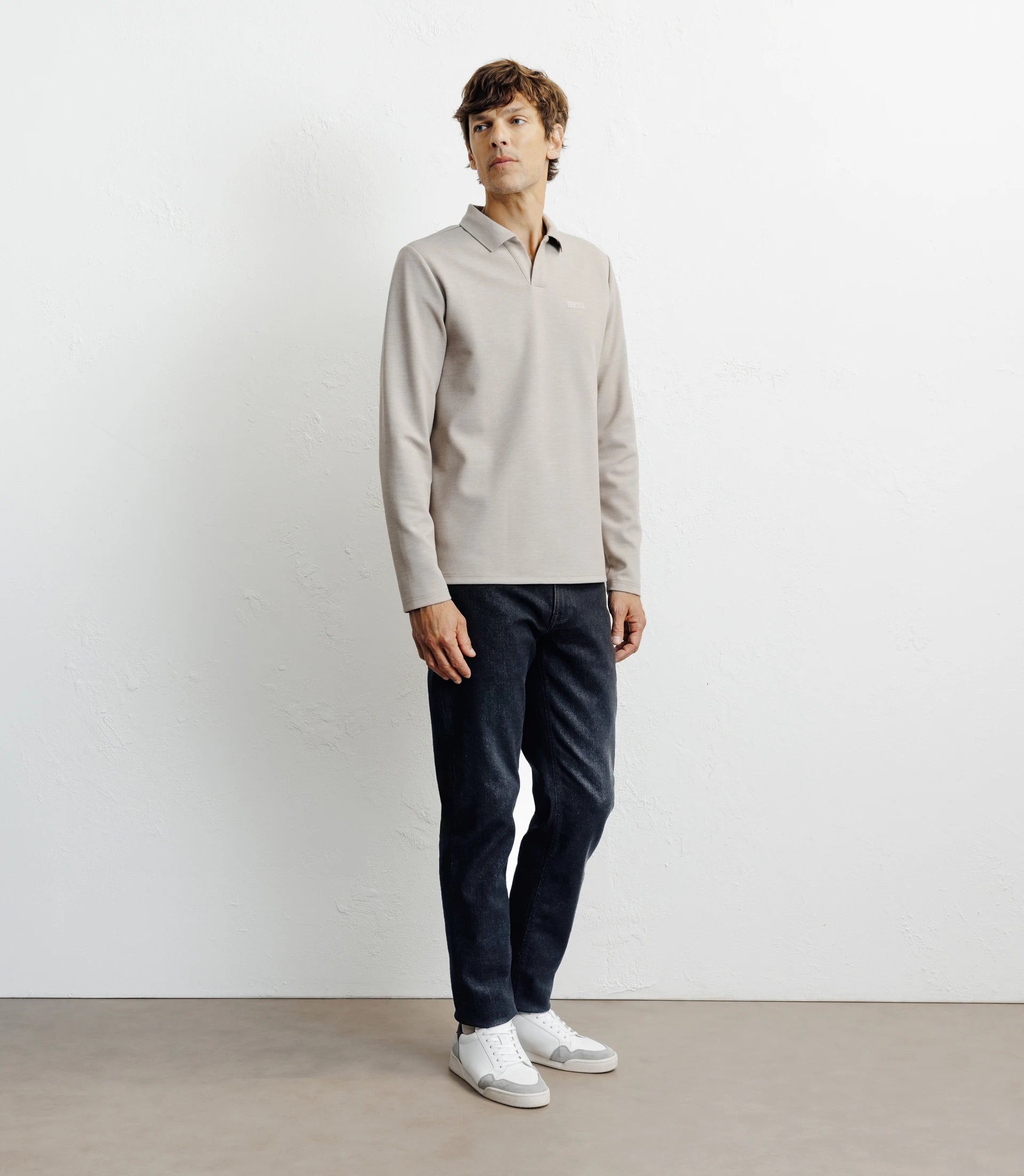 Polo col ouvert manches longues beige - IZAC