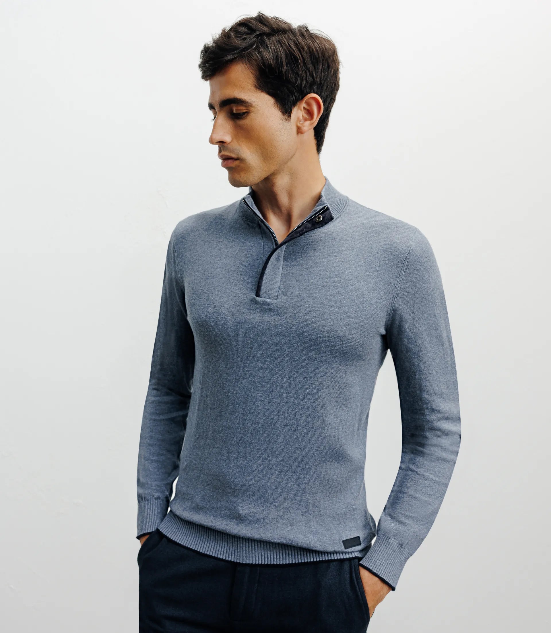 Pull col montant demi zippé indigo