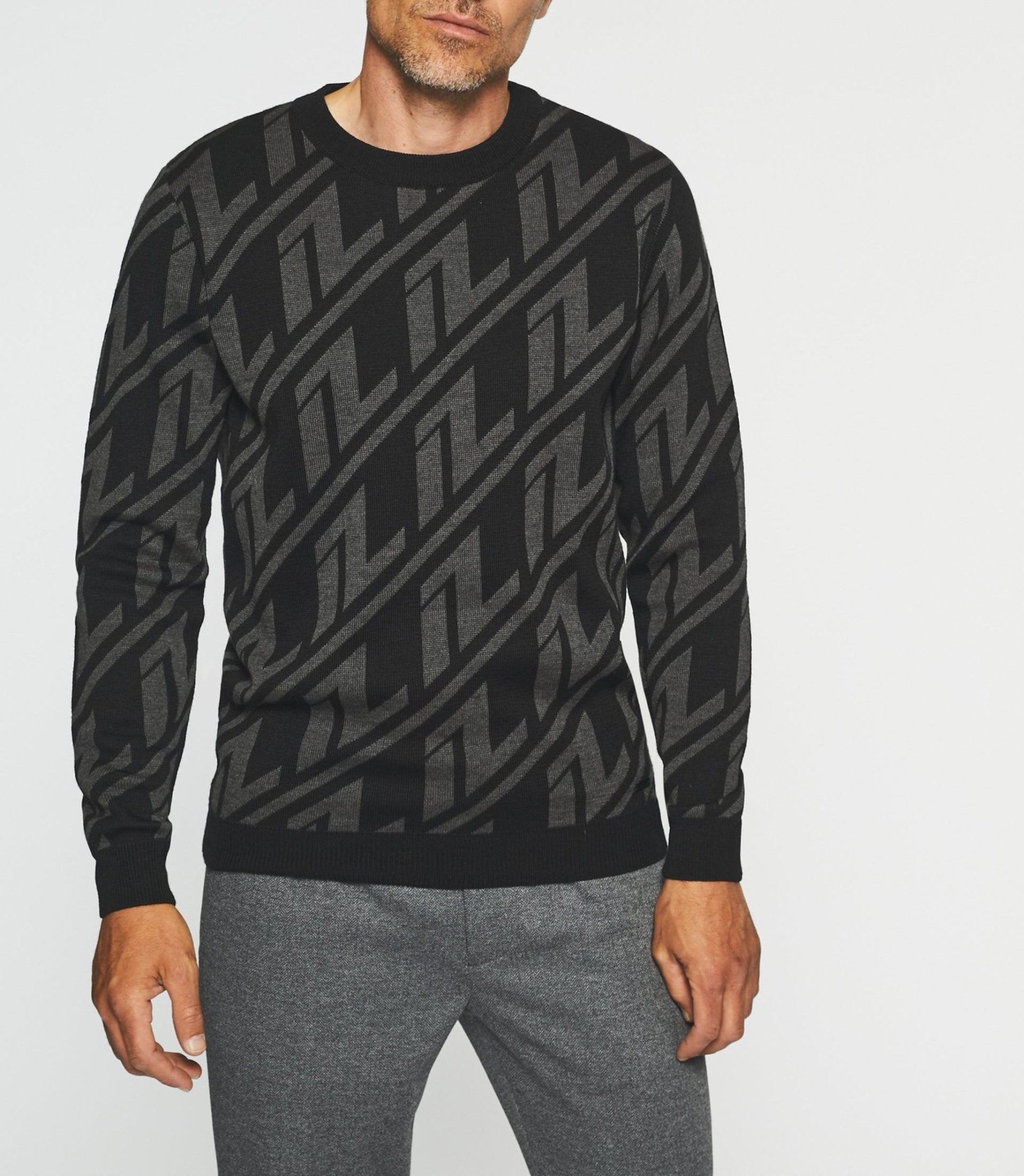 Pull col rond en laine noir et anthracite BARCLAY - IZAC