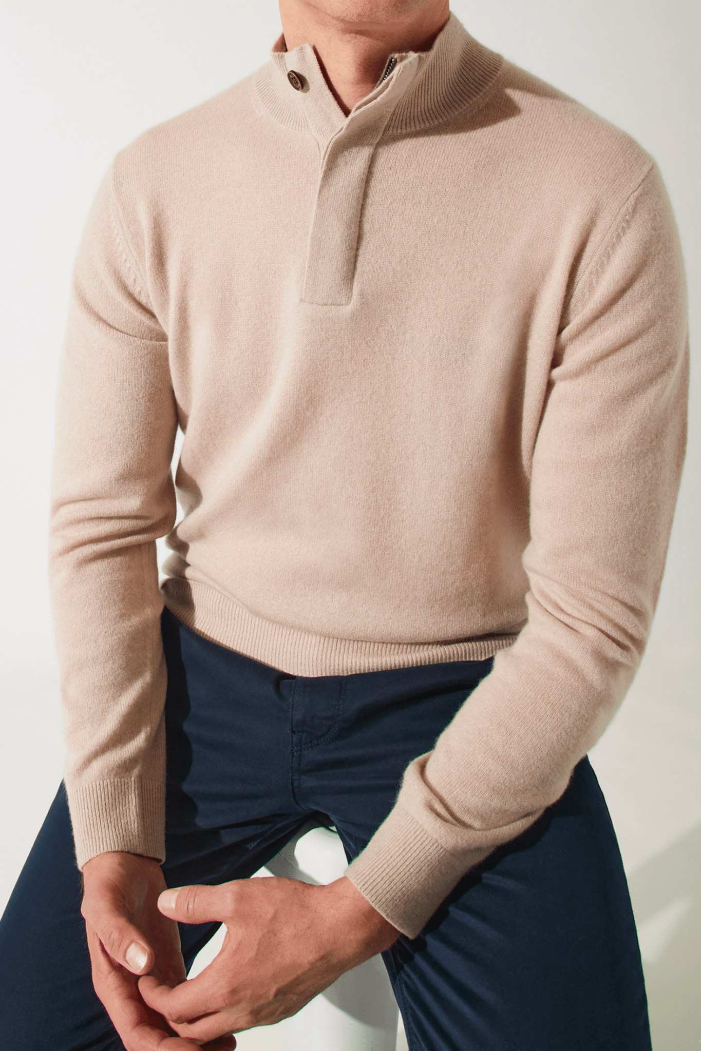 Pull col zippé et boutonné 100% cachemire beige - IZAC