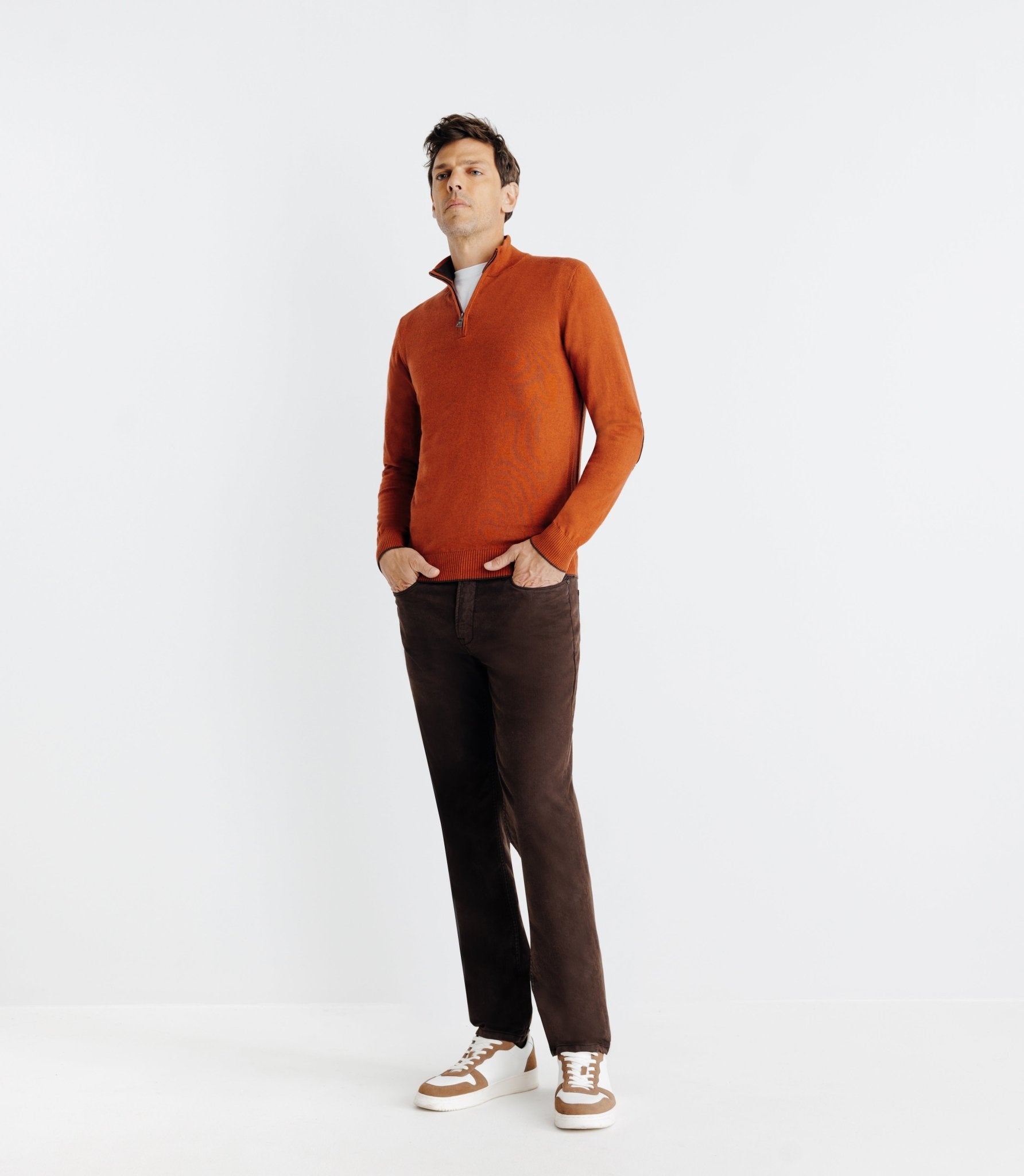 Pull coton/cachemire col zippé brique - IZAC