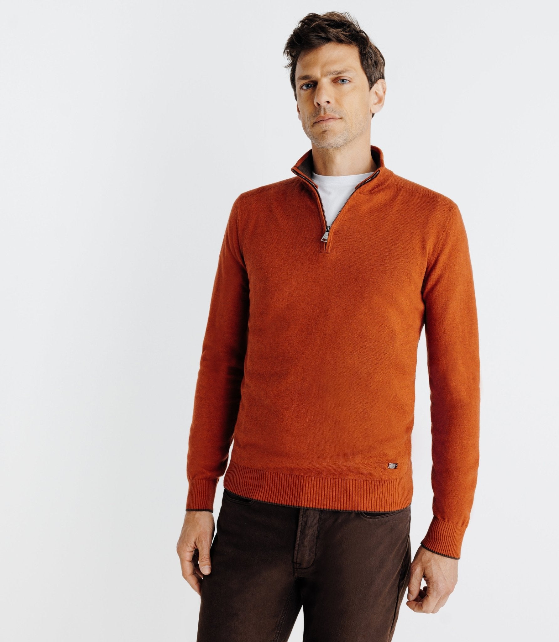 Pull coton/cachemire col zippé brique - IZAC