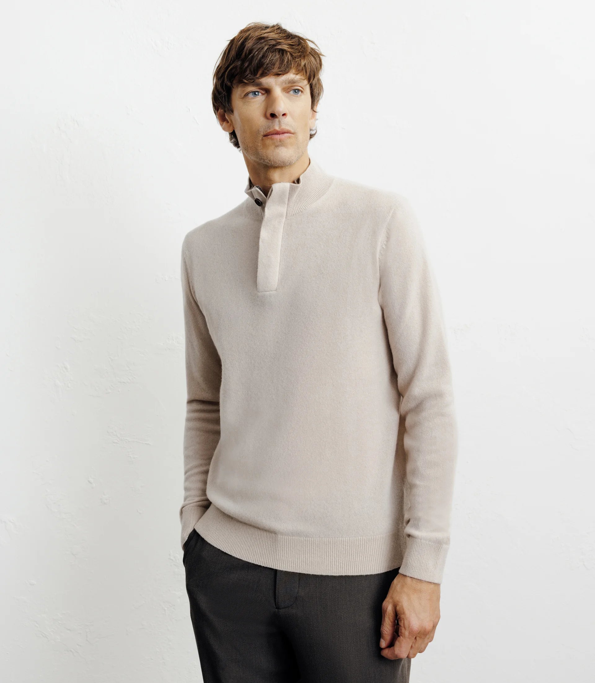 Pull col zippé et boutonné 100% cachemire beige - IZAC