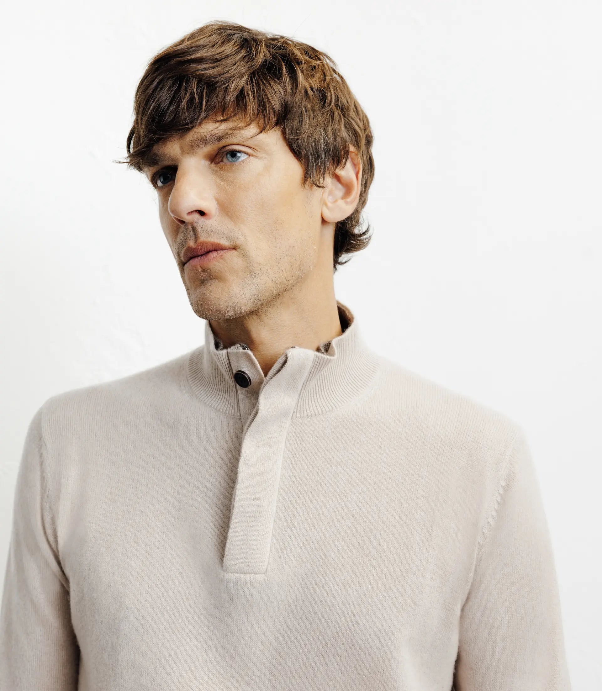 Pull col zippé et boutonné 100% cachemire beige - IZAC