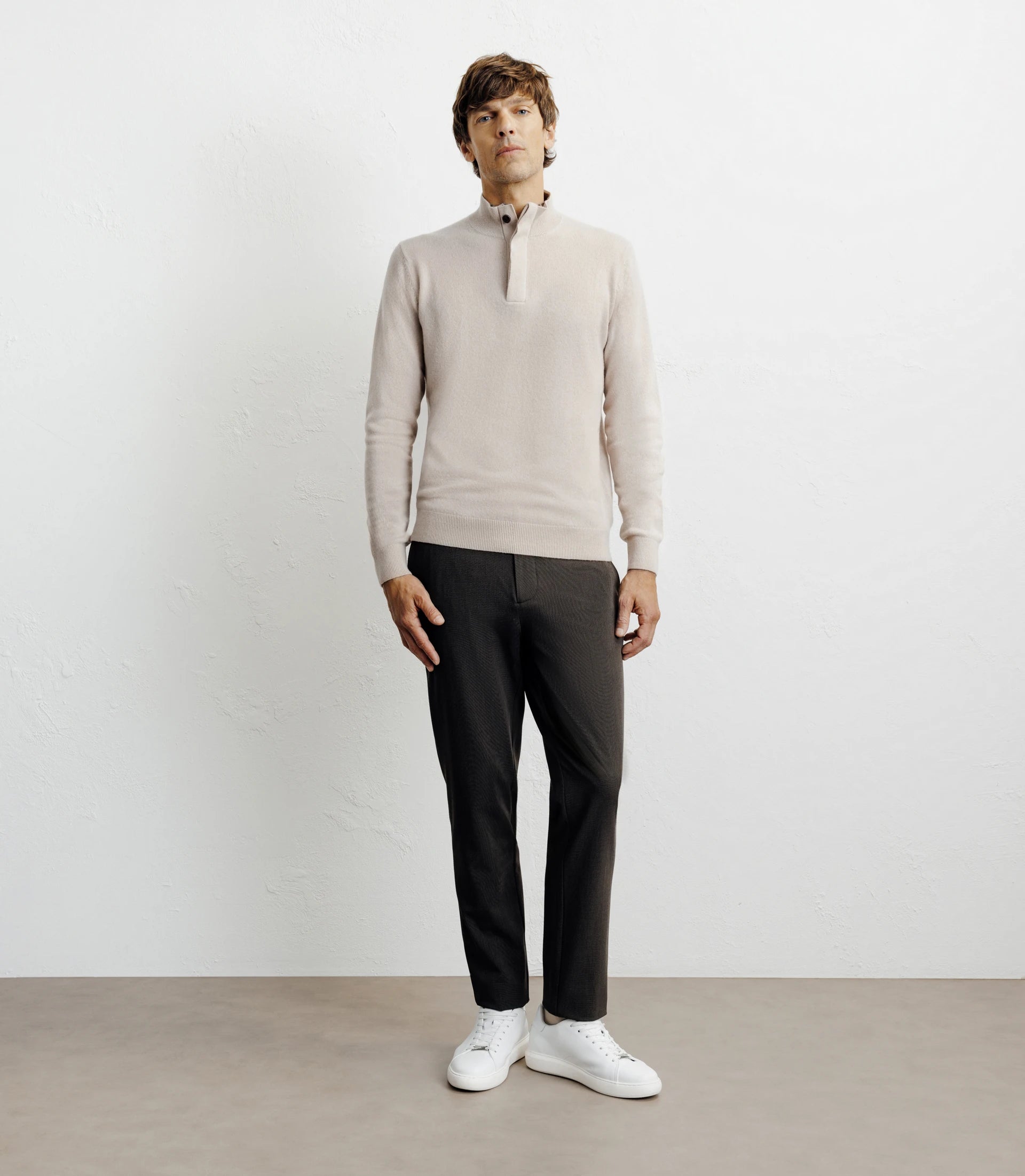 Pull col zippé et boutonné 100% cachemire beige - IZAC