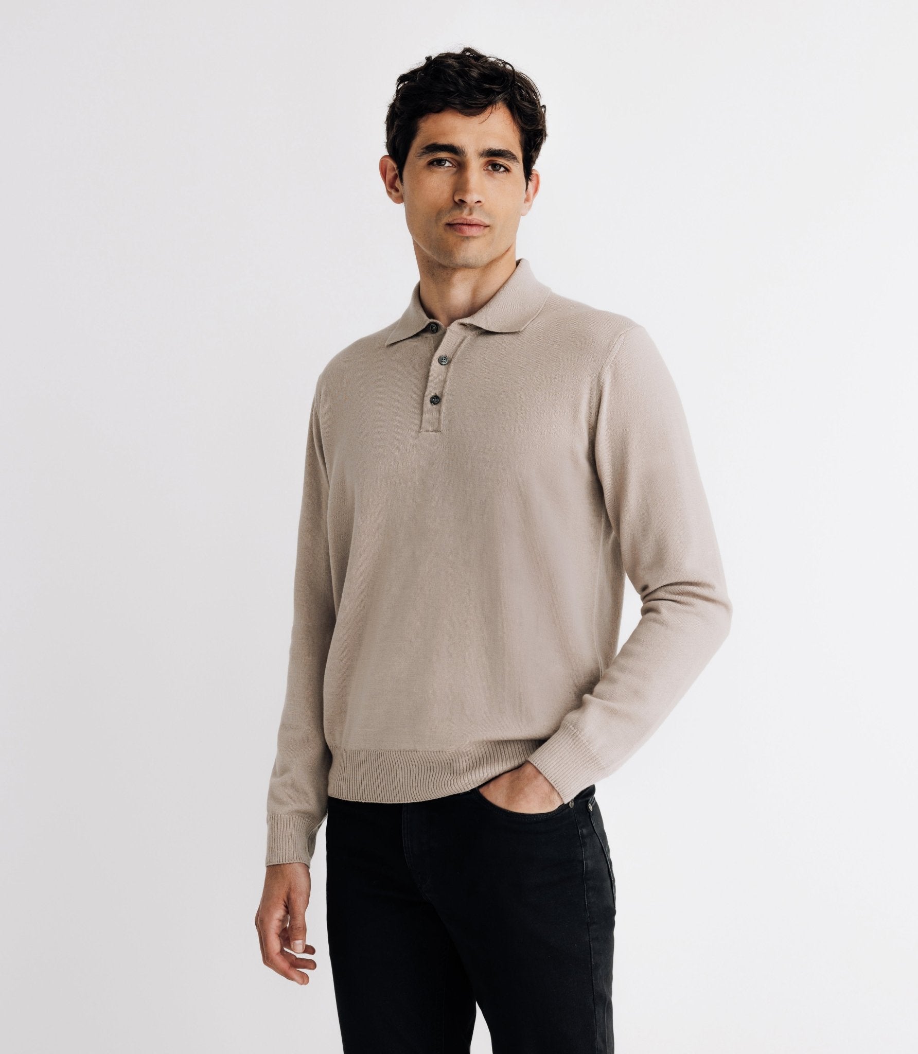 Pull col polo en laine mérinos beige - IZAC