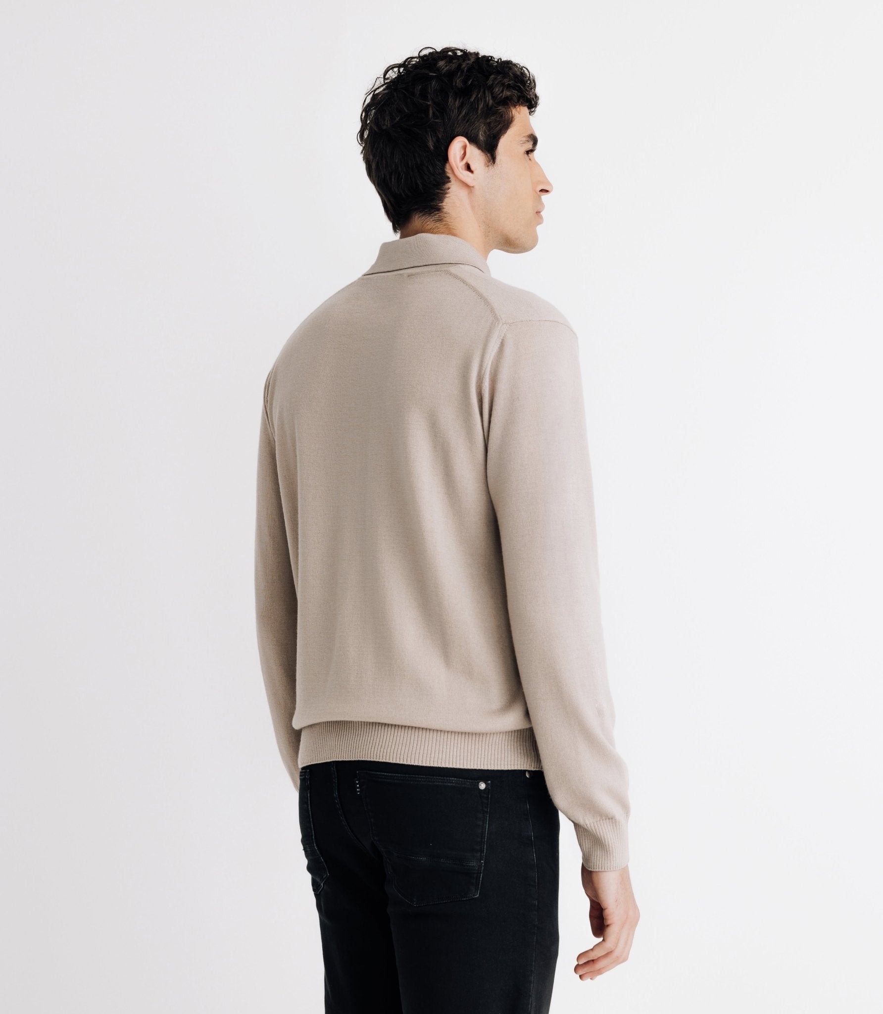Pull col polo en laine mérinos beige - IZAC