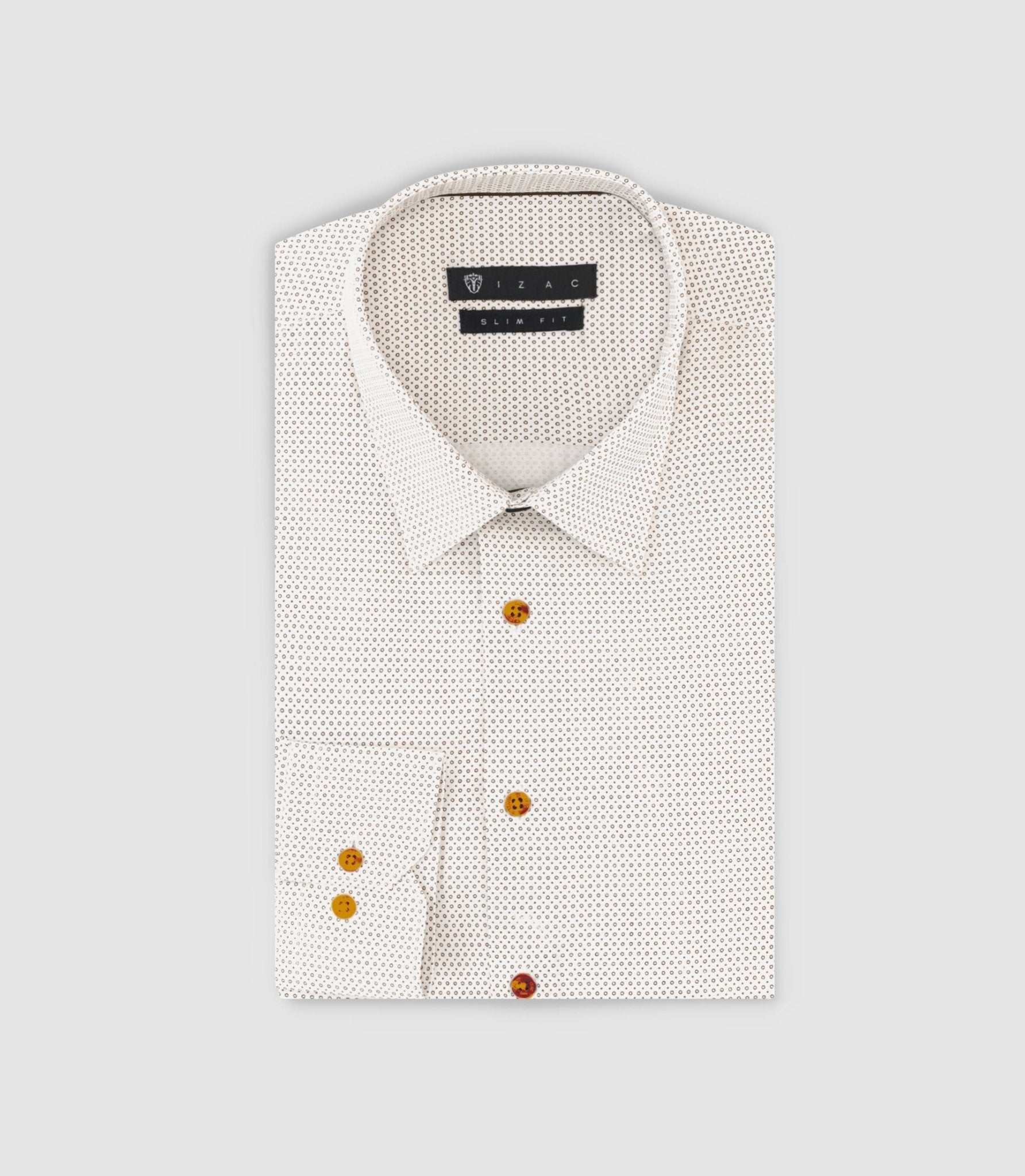 Chemise slim imprimée micro motifs beige et camel PERLE - IZAC