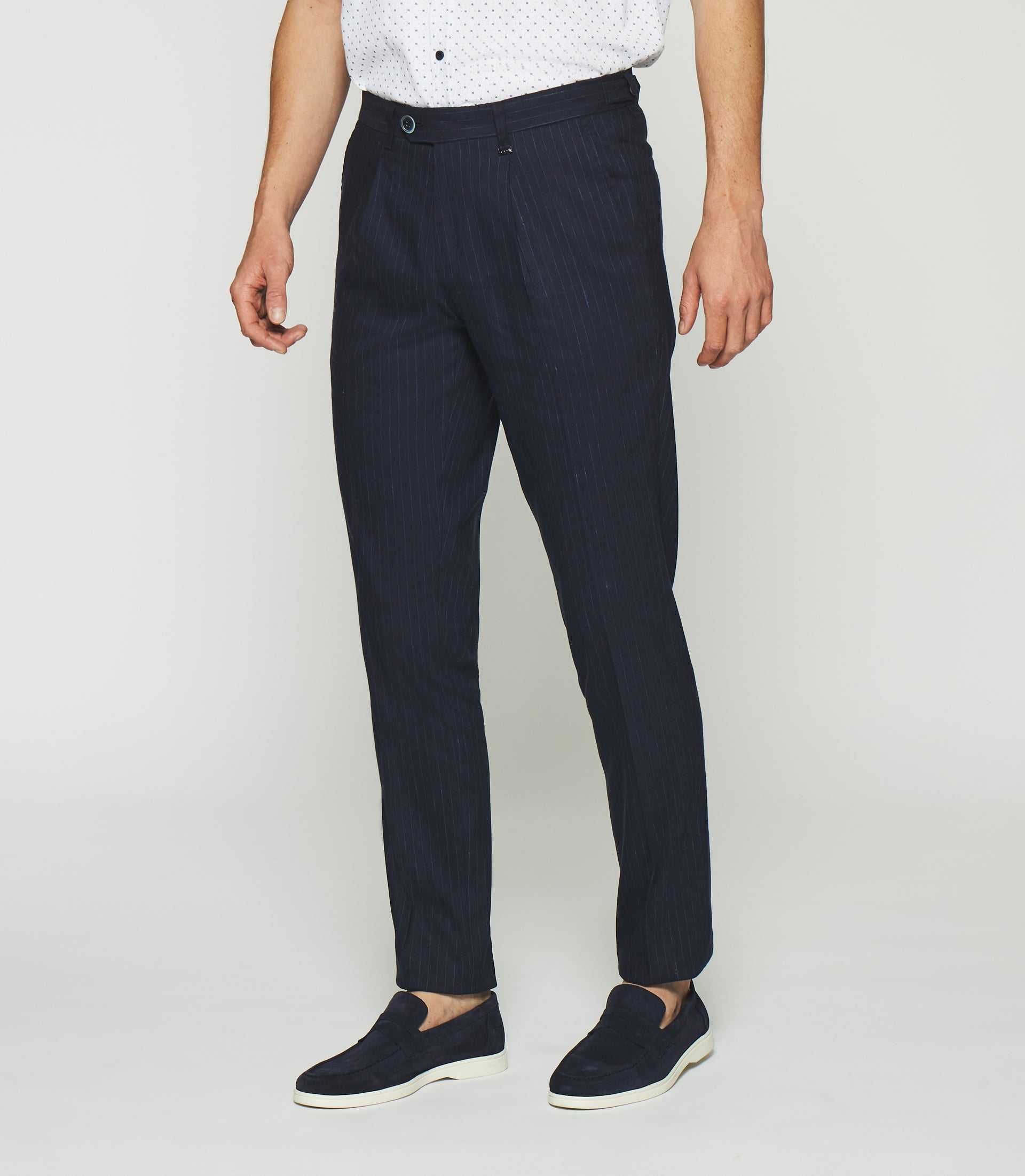 Pantalon chino à rayures en lin bleu marine PLAISANCE - IZAC