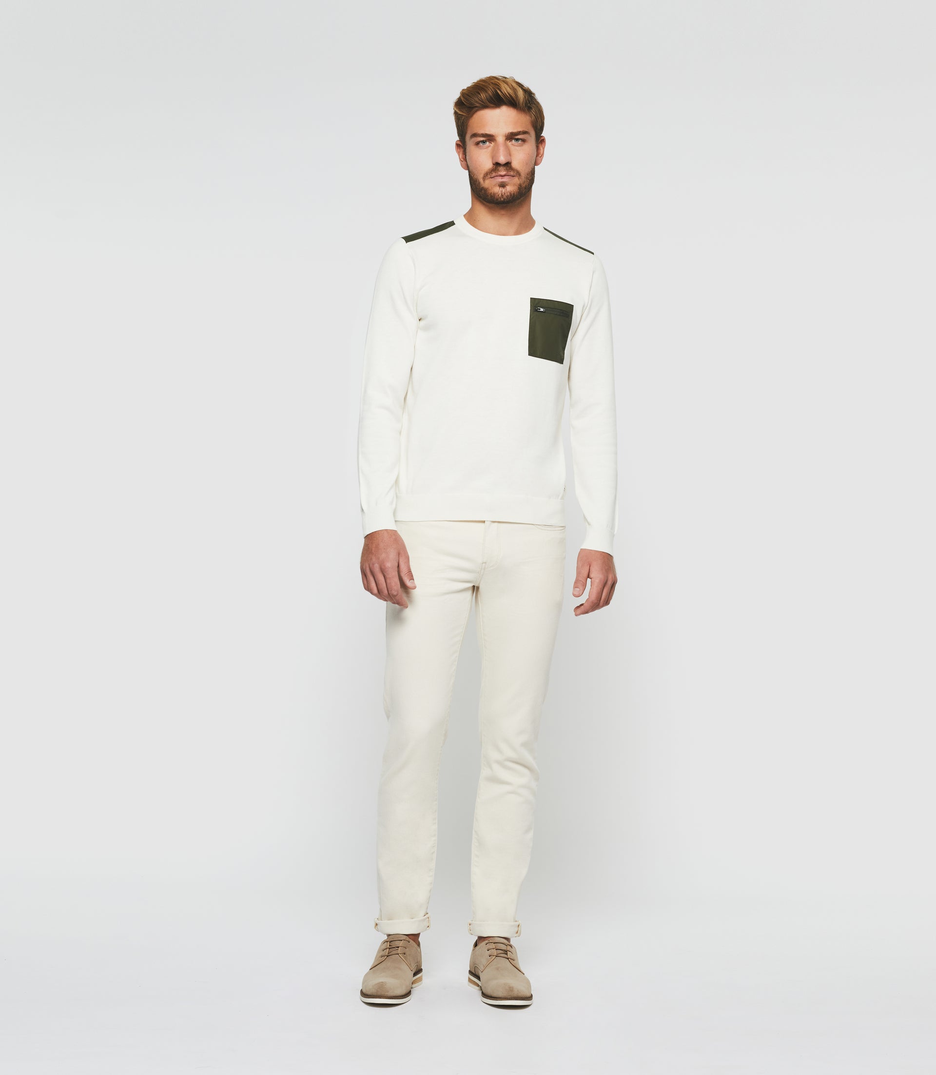 Pull col rond écru et kaki "Darius" - IZAC