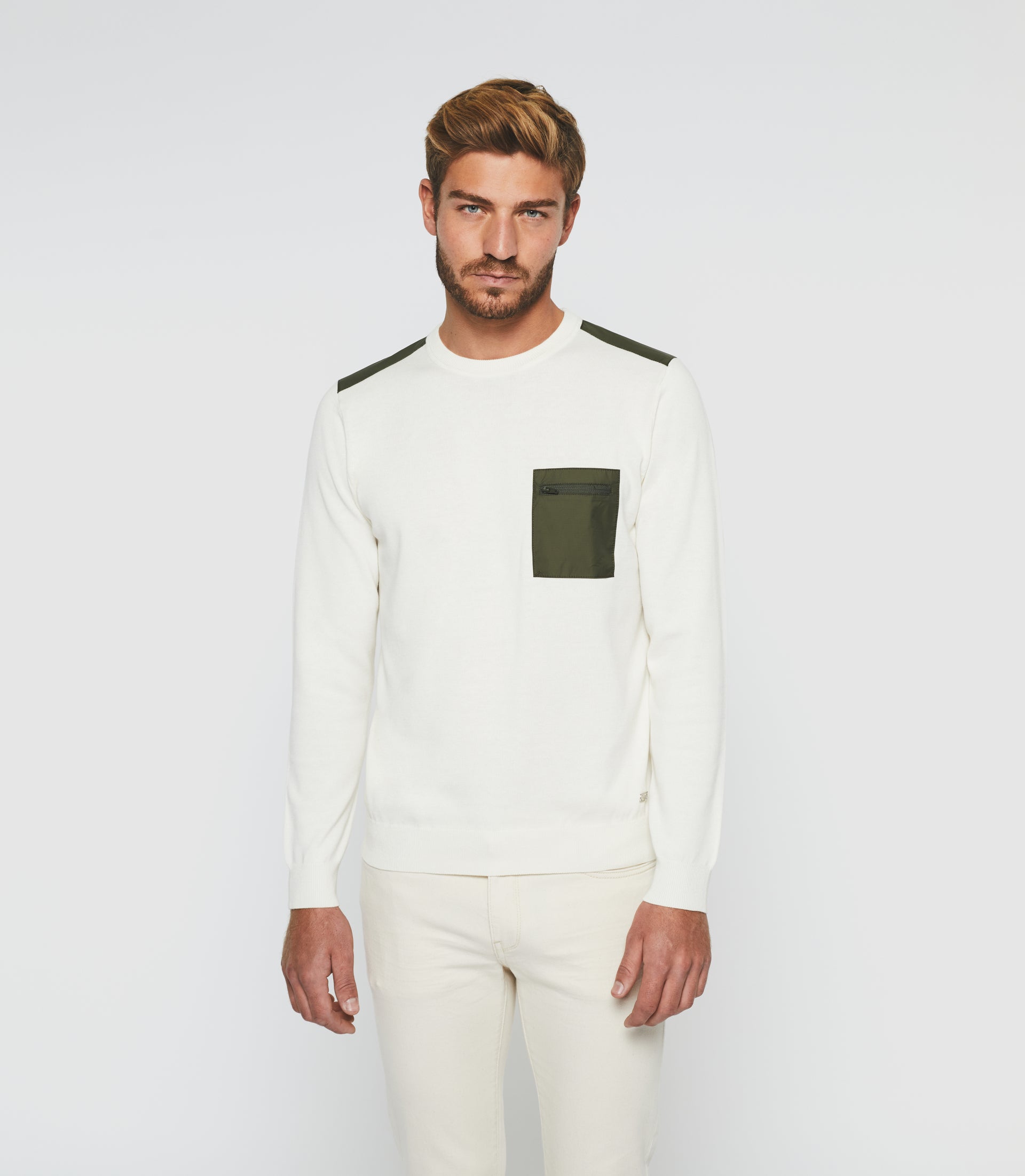 Pull col rond écru et kaki "Darius" - IZAC