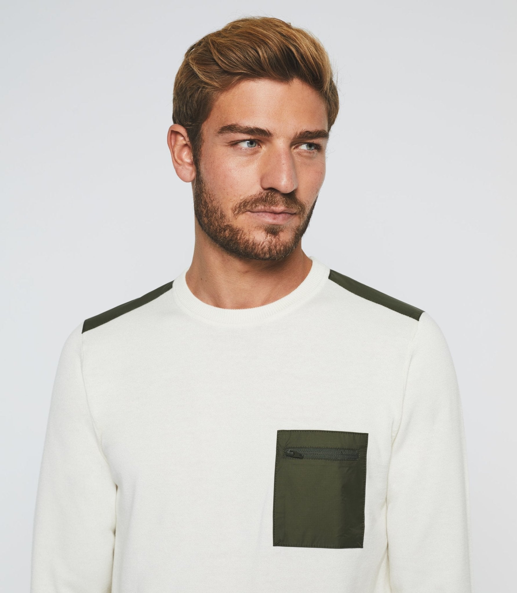 Pull col rond écru et kaki "Darius" - IZAC