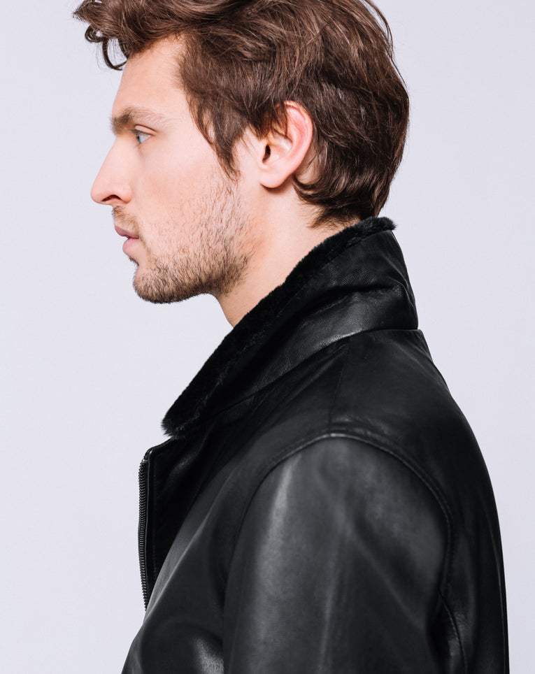 BLOUSON CUIR COL FOURRURE - IZAC